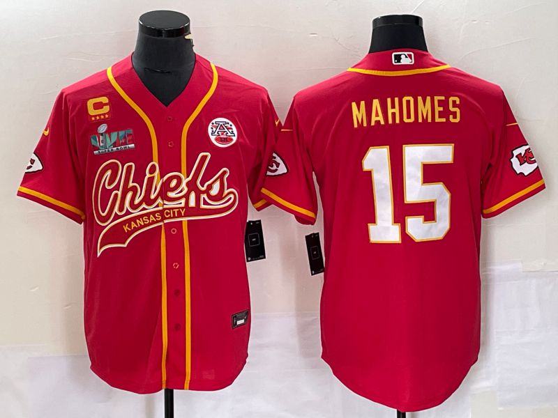 Men Kansas City Chiefs 15 Patrick Mahomes Nike Red gold Super Bowl LVII Patch Co branded NFL Jersey